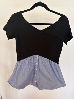 Nicole Miller Striped Mixed-Media Peplum Top- Medium